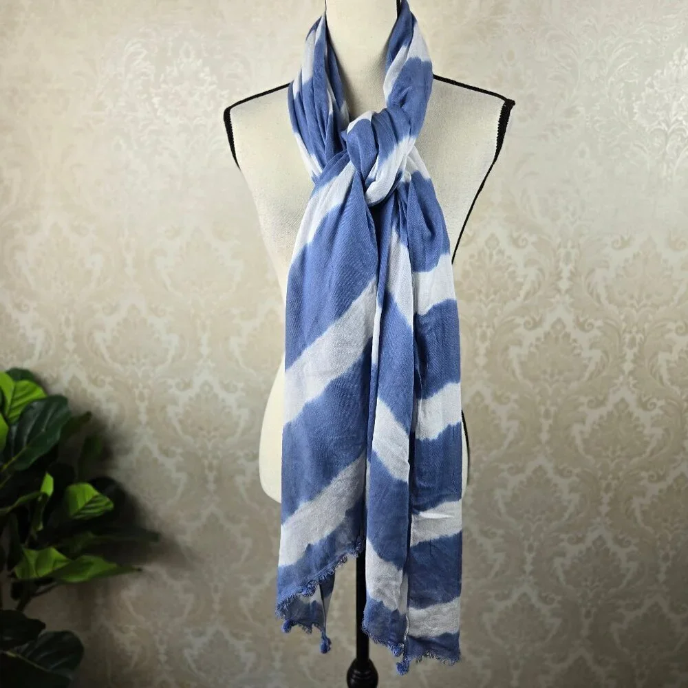 Mud Pie Oblong Blue White Tie Dye Scarf Pompom Fringed Ends
